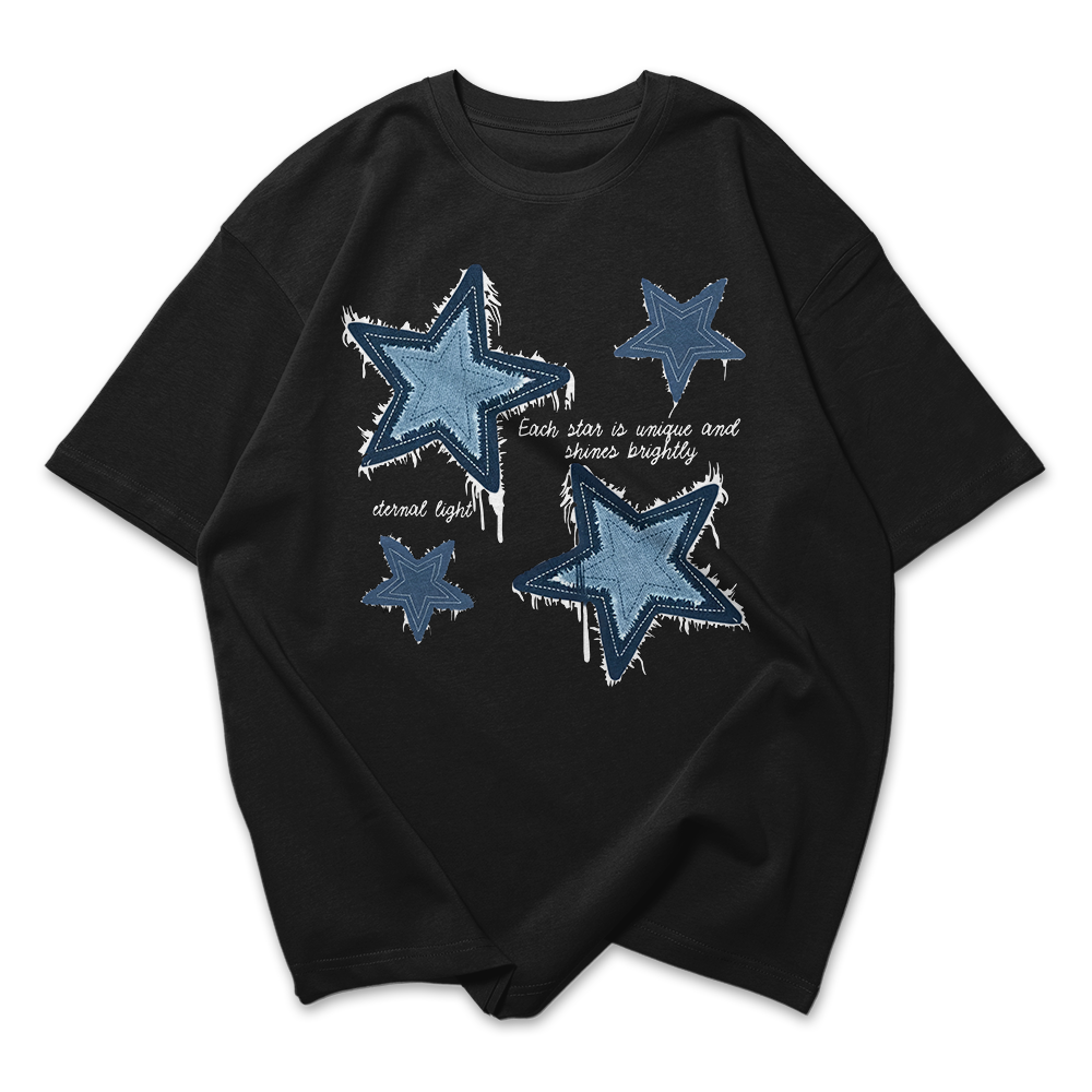Camiseta Oversized Feminina Estrelas Jeans Frase